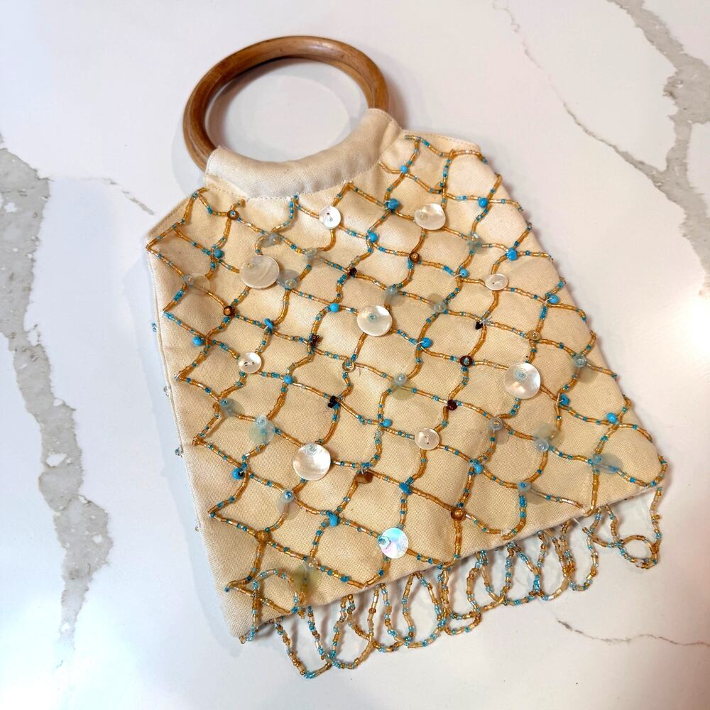 Mermaid Beige Beaded Handbag Wooden Handle Summer Wedding Cocktail Boho